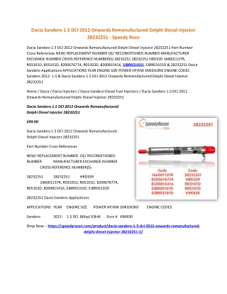 Dacia Sandero 1.5 DCI 2012 Onwards Remanufactured Delphi Diesel Injector 2823225
