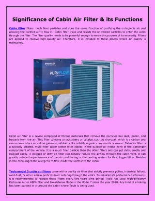 Significance of Tesla model 3 cabin air filter