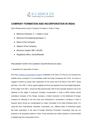COMPANY FORMATION AND INCORPORATION IN INDIA