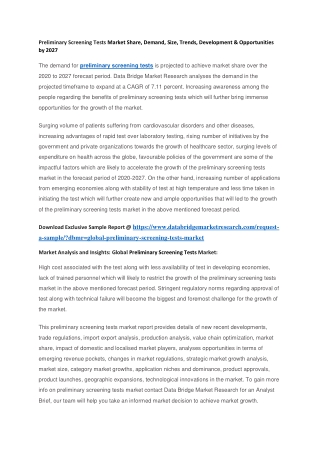 Preliminary Screening Tests Market Share, Demand, Size, Trends, Development & Opportunities by 2027