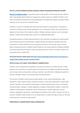 Women’s mHealth Market Innovation, Demand, Growth, Development & Research by 2027