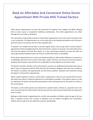 Book An Affordable And Convenient Online Doctor Appointment With Private NHS Trained Doctors