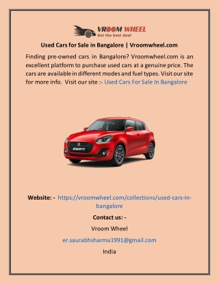 Used Cars for Sale in Bangalore  Vroomwheel