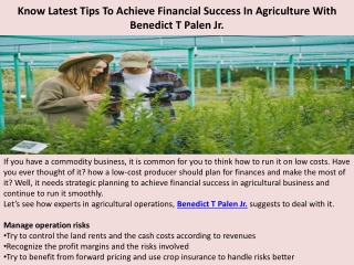 Know Latest Tips To Achieve Financial Success In Agriculture With Benedict T Pal