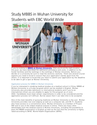 Study MBBS in Wuhan University for Students with EBC World Wide