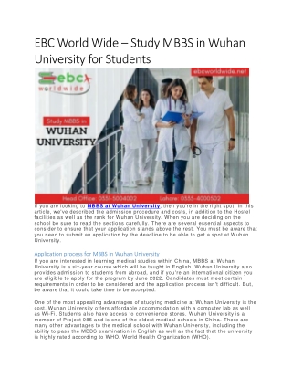 EBC World Wide – Study MBBS in Wuhan University for Students