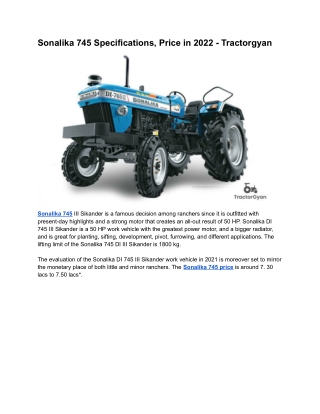 Sonalika 745 Key Specifications  in 2022 - Tractorgyan