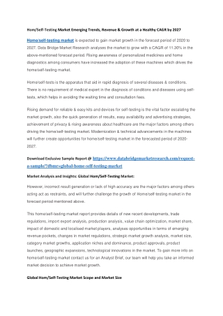 Hom Self-Testing Market Emerging Trends, Revenue & Growth at a Healthy CAGR by 2027