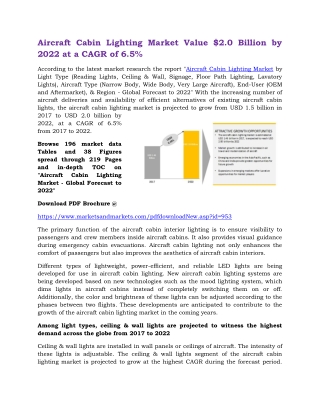 Aircraft Cabin Lighting Market Value $2.0 Billion by 2022 at a CAGR of 6.5%