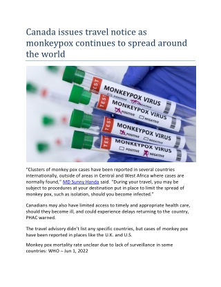 Canada issues travel notice as monkeypox continues to spread around the world