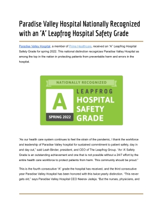 Paradise Valley Hospital Nationally Recognized with an 'A' Leapfrog Hospital Safety Grade