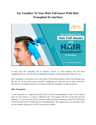 Say Goodbye To Your Hair Fall Issues With Hair Transplant In Amritsar