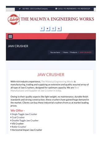 Best Manufacturer of Jaw Crusher in India | Jaw Crusher Machine in India