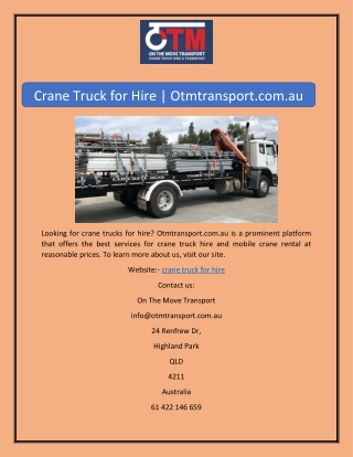 Crane Truck for Hire | Otmtransport.com.au