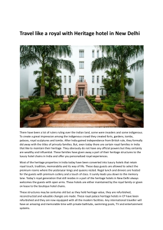 Travel like a royal with Heritage hotel in New Delhi