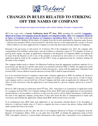 Changes in Rules related to Striking off the names of company