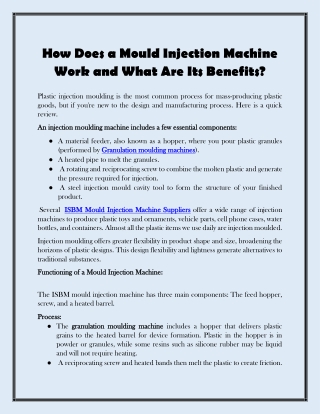 How Does a Mould Injection Machine Work and What Are Its Benefits