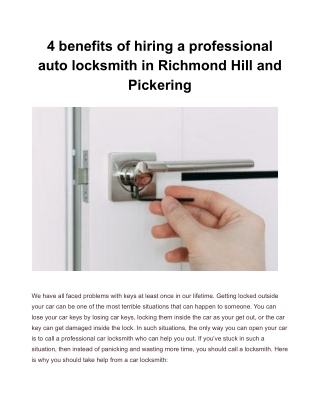 4 benefits of hiring a professional auto locksmith in Richmond Hill and Pickering