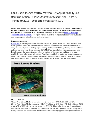 Pond Liners Market by Raw Material; By Application; By End User and Region – Global Analysis of Market Size, Share & Tre