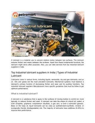 Top Industrial lubricant suppliers in India - Petromart