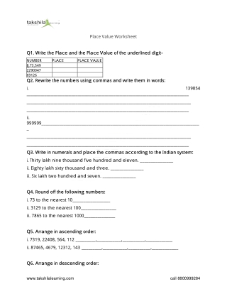 Place Value Worksheet for grade 4 Maths