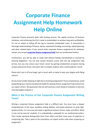 Corporate Finance Assignment Help Homework Help Online