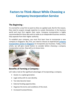 Factors to Think About While Choosing a Company Incorporation Service