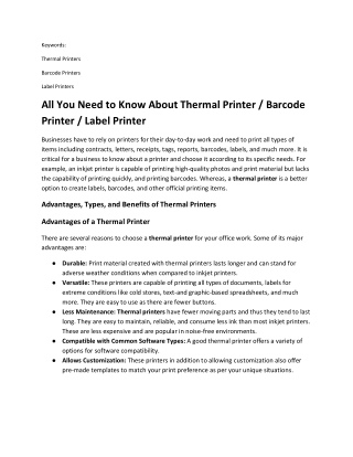 All You Need to Know About Thermal Printer / Barcode Printer / Label Printer