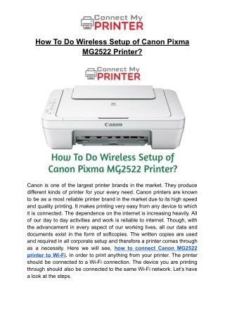 How To Do Wireless Setup of Canon Pixma MG2522 Printer