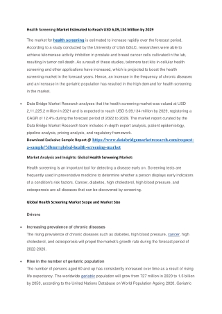 Health Screening Market Estimated to Reach USD 6,09,134 Million by 2029