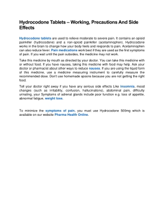 Hydrocodone Tablets – Working, Precautions And Side Effects