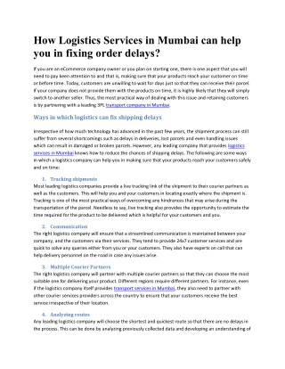 How Logistics Services in Mumbai can help you in fixing order delays?