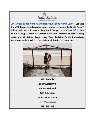 20 Sleeper Beach Front Accommodation Venue North Coast | Villaisabella.co.za