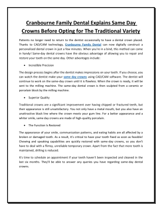 Cranbourne Family Dental Explains Same Day Crowns Before Opting for The Traditional Variety