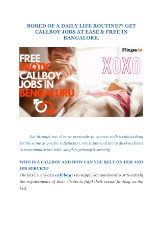 BORED OF A DAILY LIFE ROUTINE?? GET CALLBOY JOBS AT EASE & FREE IN BANGALORE.