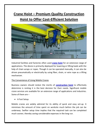 Crane Hoist – Premium Quality Construction Hoist to Offer Cost-Efficient Solution
