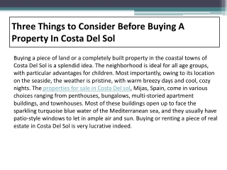 Three Things to Consider Before Buying A Property In Costa Del Sol