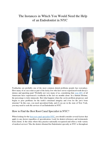 The Instances in Which You Would Need the Help of an Endodontist in NYC