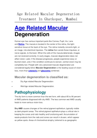 Age Related Macular Degeneration Treatment In Ghatkopar, Mumbai