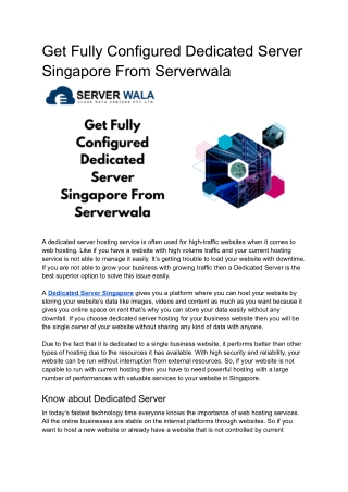 Get Fully Configured Dedicated Server Singapore From Serverwala