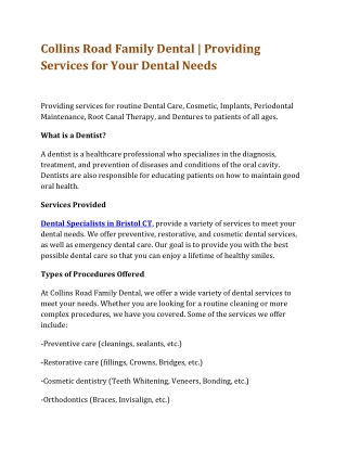 Dental Specialists in Bristol CT