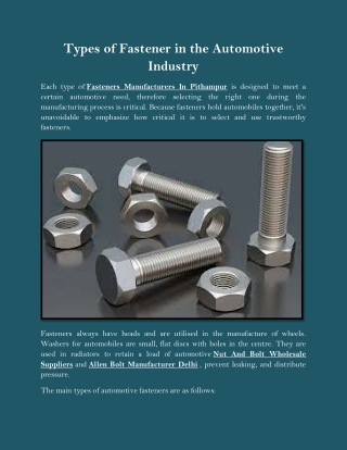 Types of Fastener in the Automotive Industry