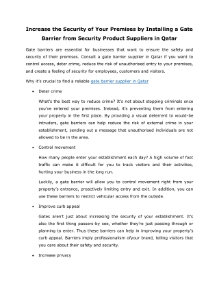 Increase the Security of Your Premises by Installing a Gate Barrier from Security Product Suppliers in Qatar