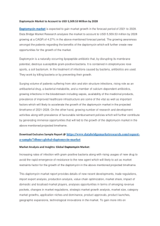 Daptomycin Market to Account to USD 5,509.53 Million by 2028