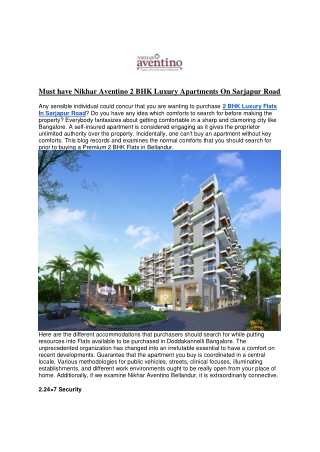 Must have Nikhar Aventino 2 BHK Luxury Apartments On Sarjapur Road