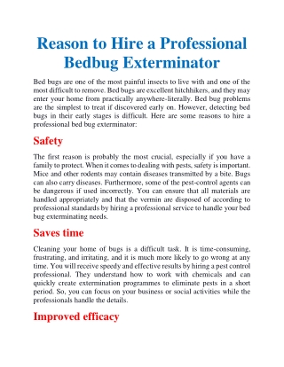 Reason to hire a professional bedbug exterminator