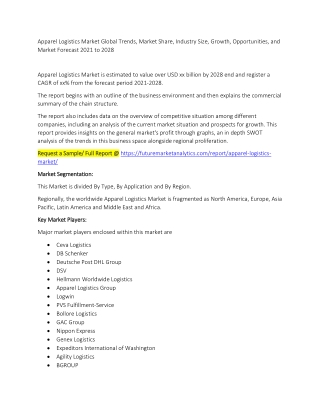 Apparel Logistics Market Global Trends, Market Share, Industry Size, Growth