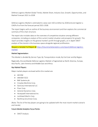 Defense Logistics Market Global Trends, Market Share, Industry Size, Growth
