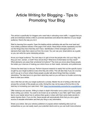 Article Writing for Blogging - Tips to Promoting Your Blog