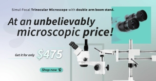 Simul-Focal Trinocular Zoom Stereo Microscope Heavy Duty White Double Arm Boom Stand